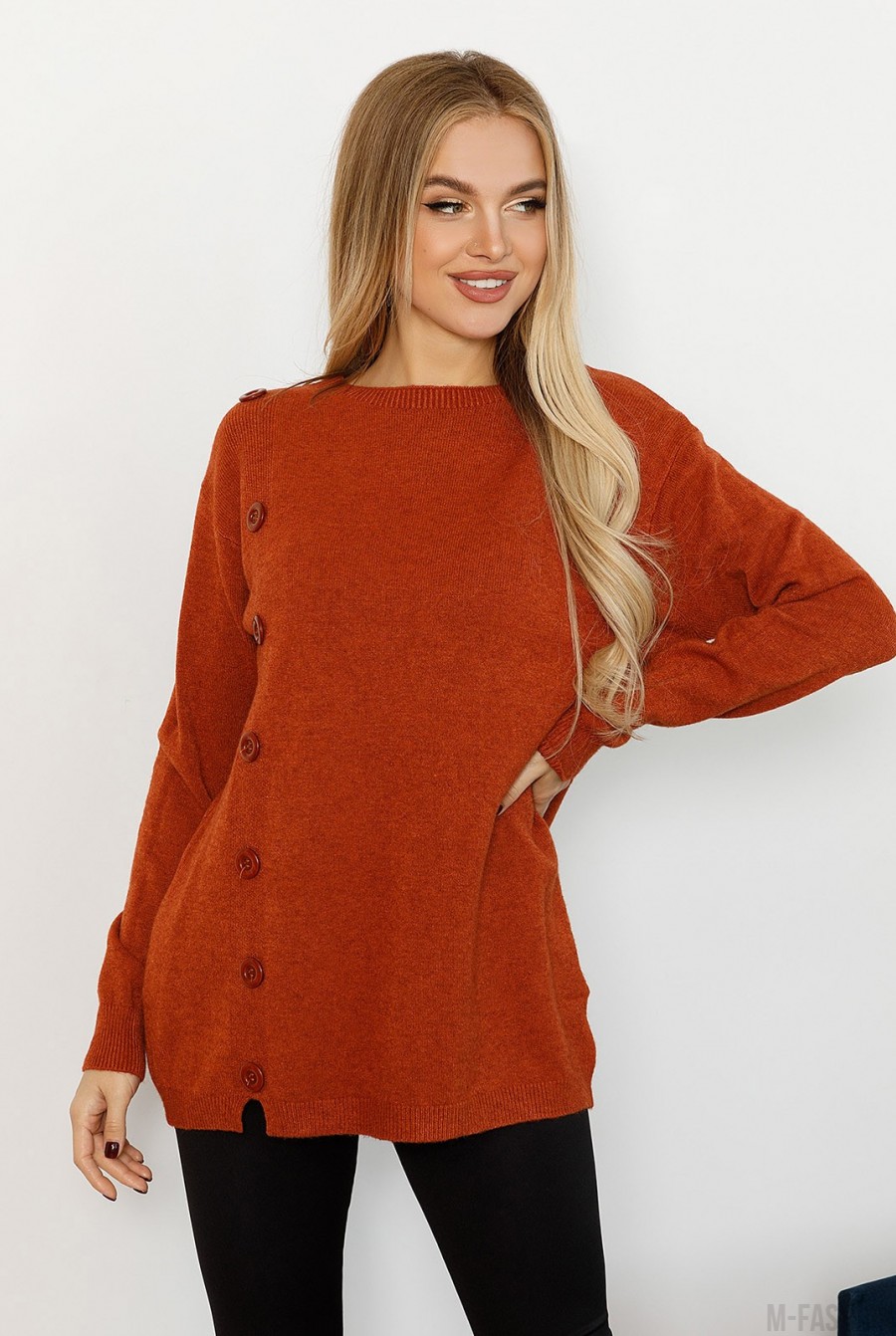 Бордовый ангоровый свитер декорированный пуговицами - Фото 1