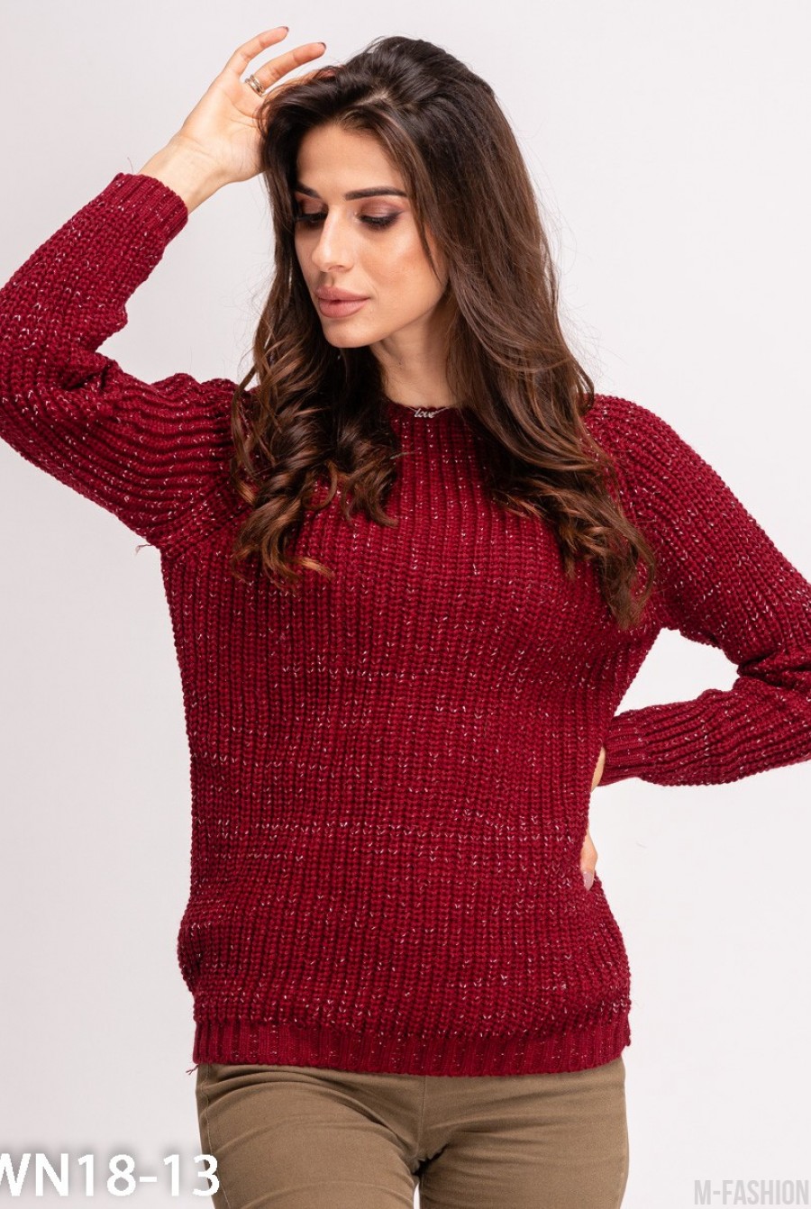 Бордовый свитер объемной вязки с люрексом - Фото 1