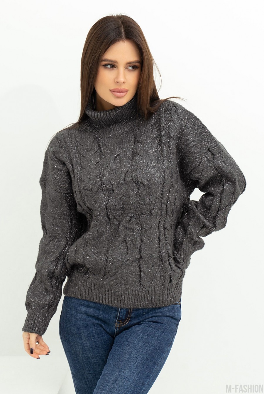 Черный вязаный свитер с люрексом и пайетками - Фото 1