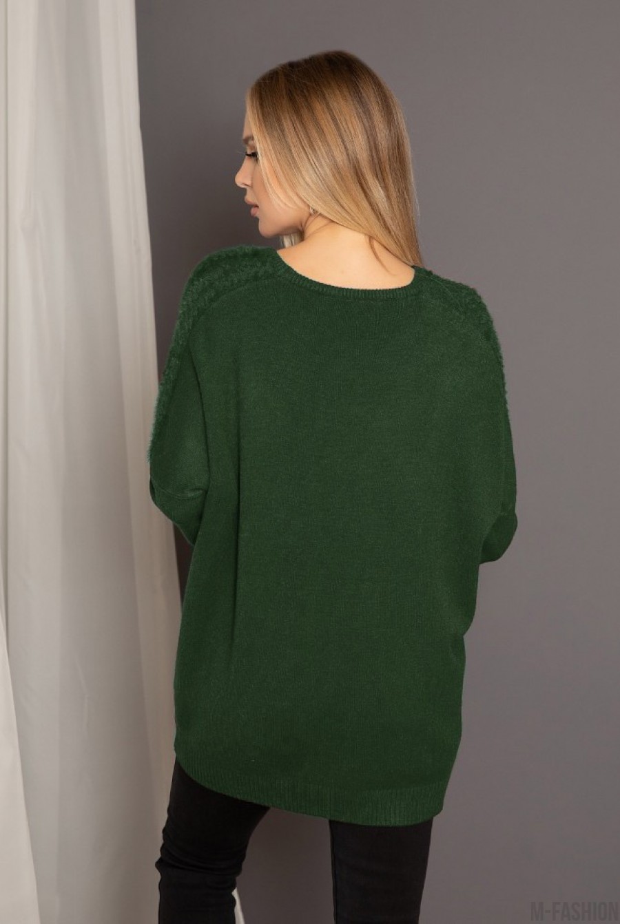 Ангоровый свободный свитер цвета хаки с вставками- Фото 3