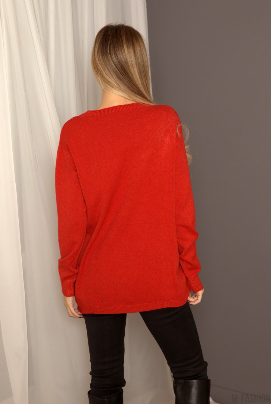 Красный ангоровый свитер декорированный пуговицами- Фото 3