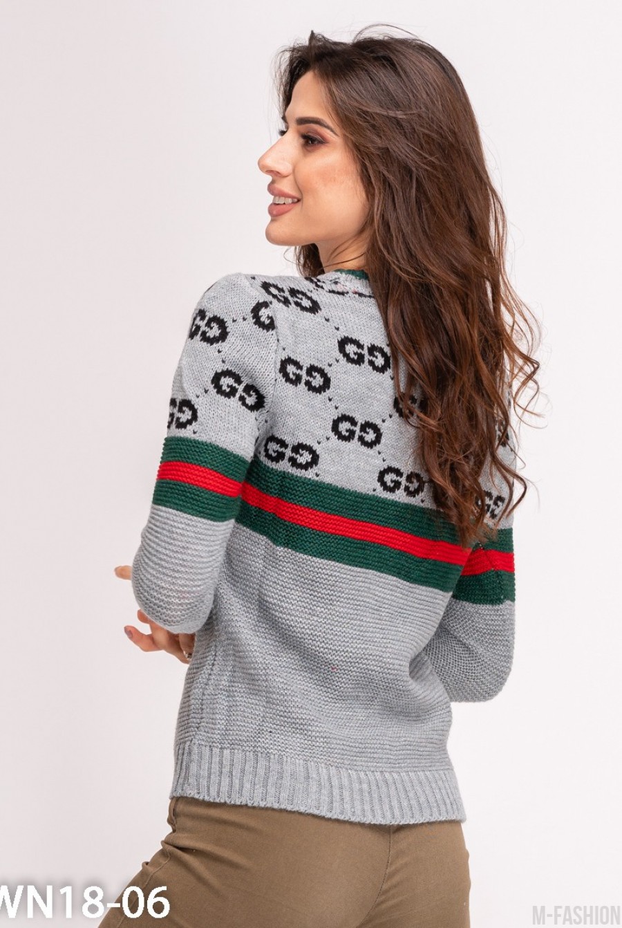 Серый свитер с лого и полосатыми вставками- Фото 3