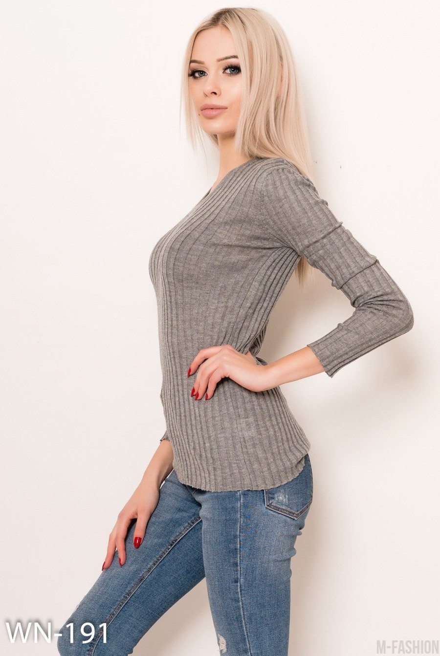 Серый фактурный свитер из ангорового трикотажа- Фото 2
