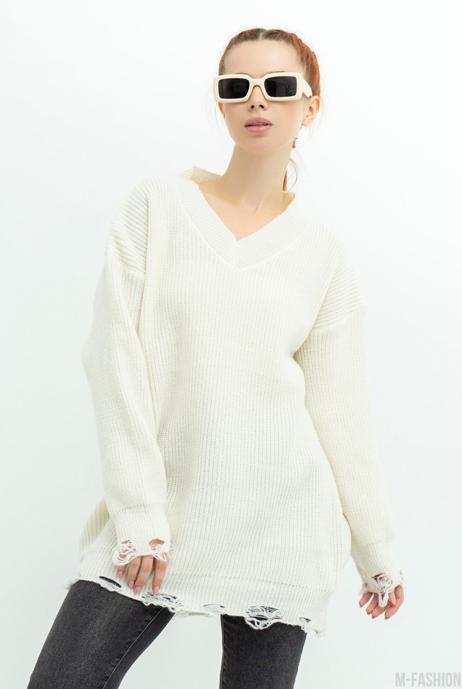 Молочный вязаный пуловер с перфорацией - Фото 1