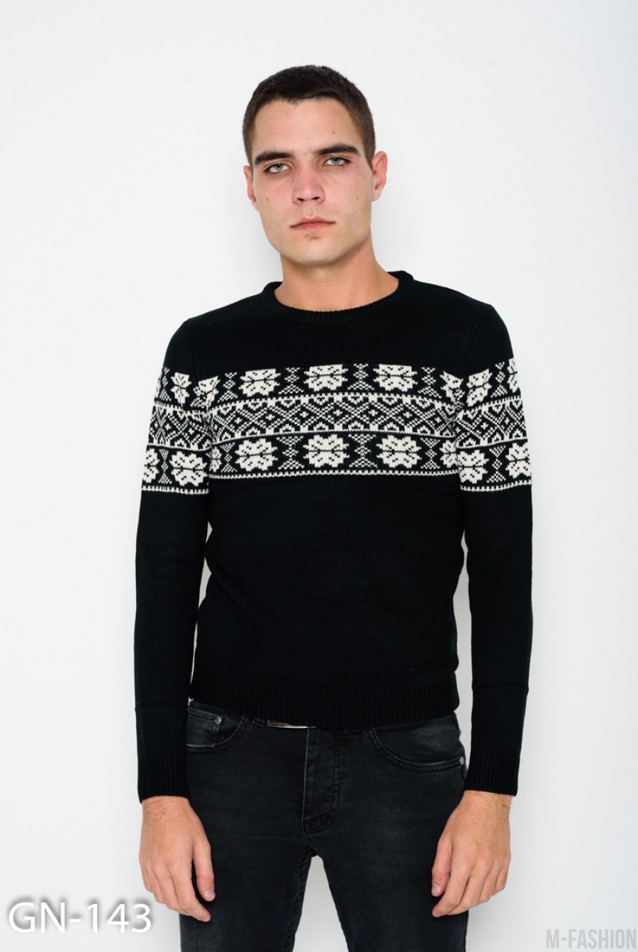 Черный шерстяной вязаный свитер с этническим узором - Фото 1