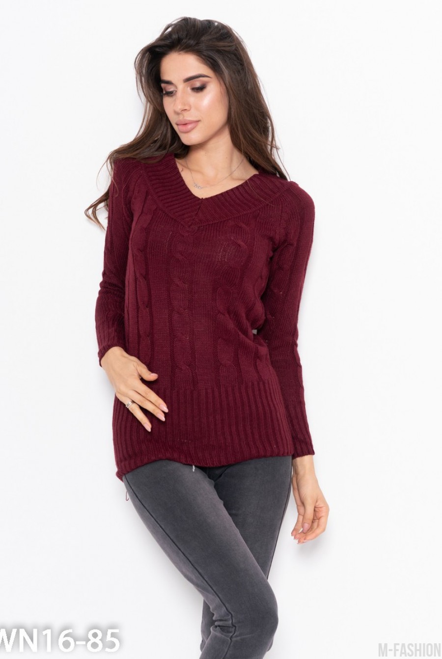 Бордовый тонкий свитер ажурной вязки - Фото 1