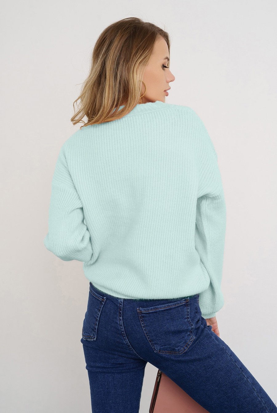 Мятный шерстяной вязаный пуловер- Фото 3