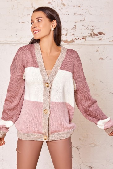 Комбинированный розовый шерстяной свитер на пуговицах
