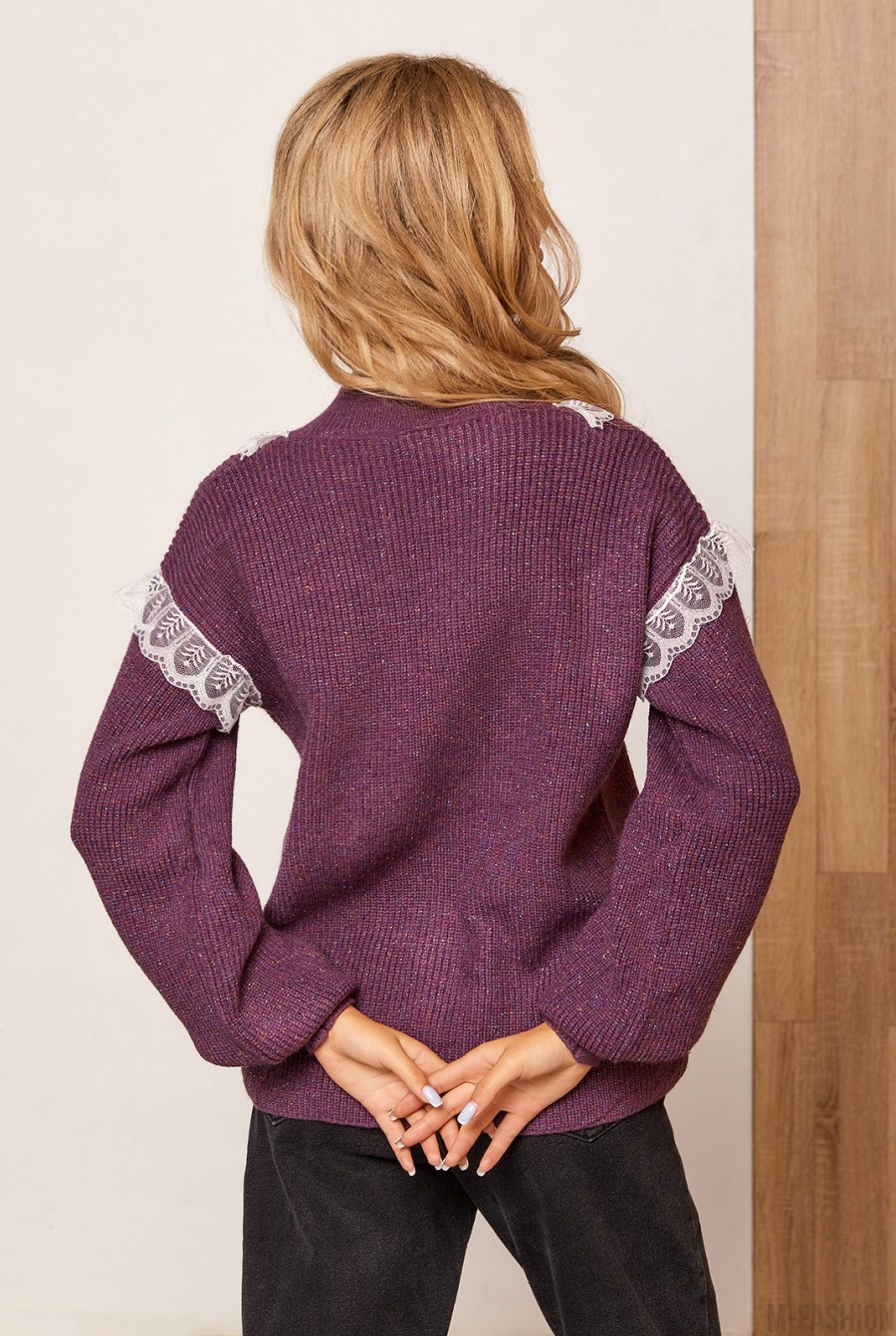 Фиолетовый шерстяной пуловер с кружевом- Фото 3