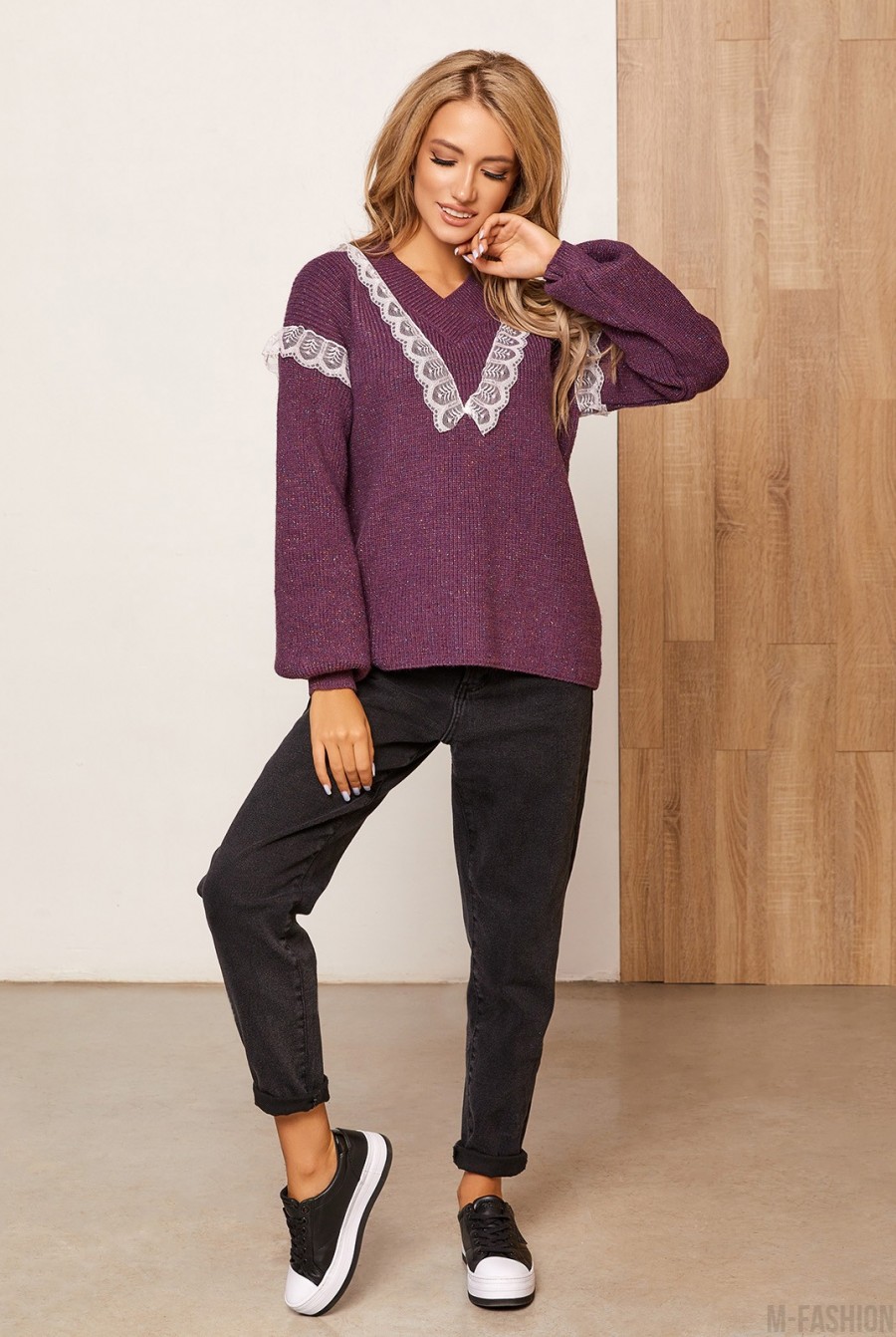 Фиолетовый шерстяной пуловер с кружевом- Фото 4