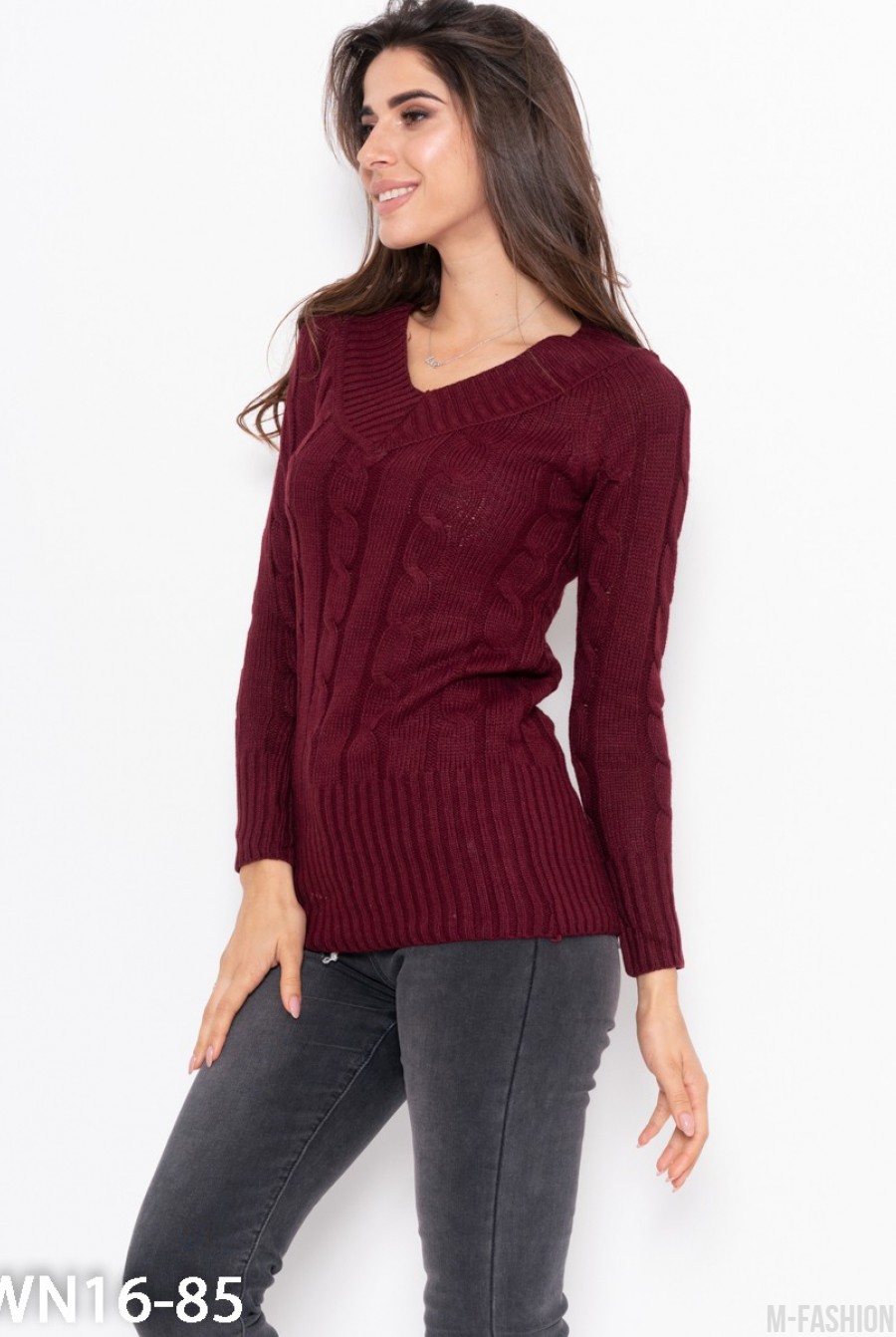 Бордовый тонкий свитер ажурной вязки- Фото 3
