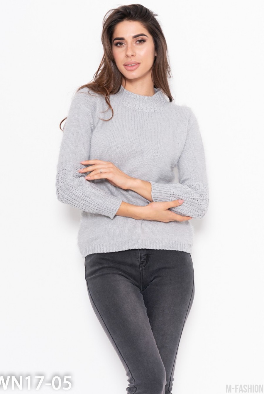 Серый ангоровый свитер декоративной вязки - Фото 1