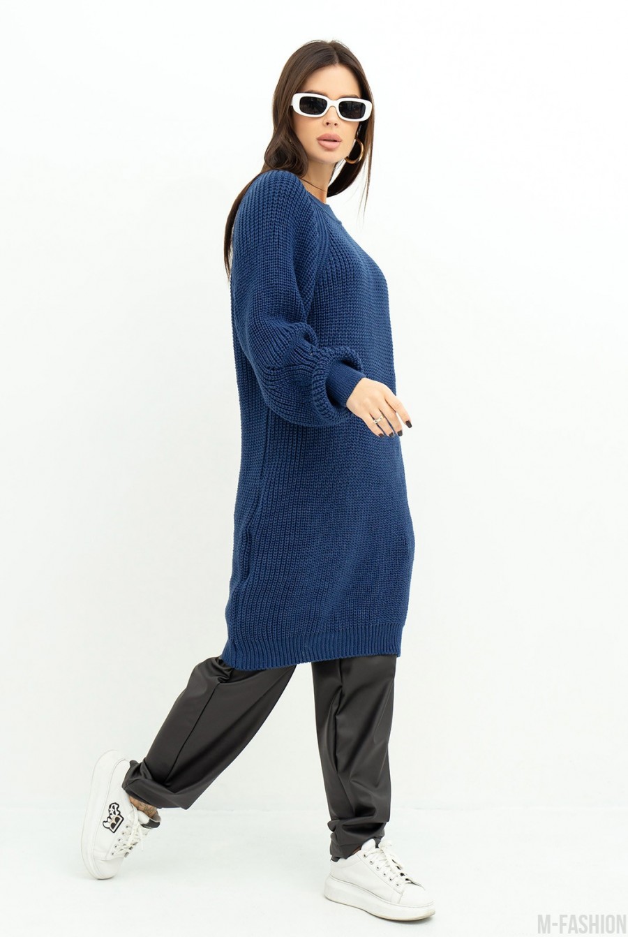 Темно-синий вязаный свитер-платье- Фото 2