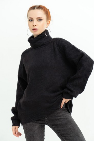 Черный теплый свитер-гольф комбинированной вязки