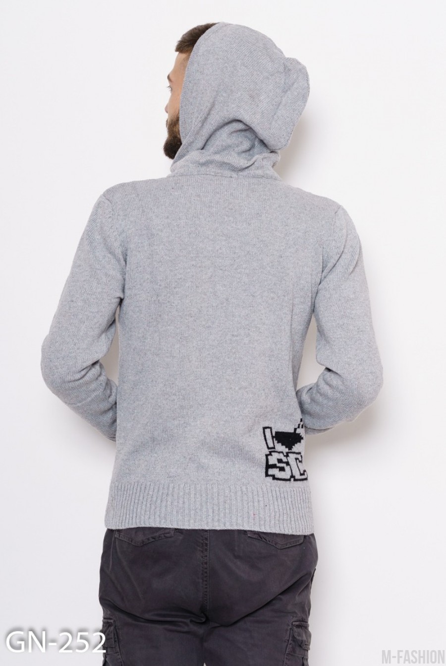 Серый шерстяной вязаный свитер с капюшоном и молнией- Фото 3
