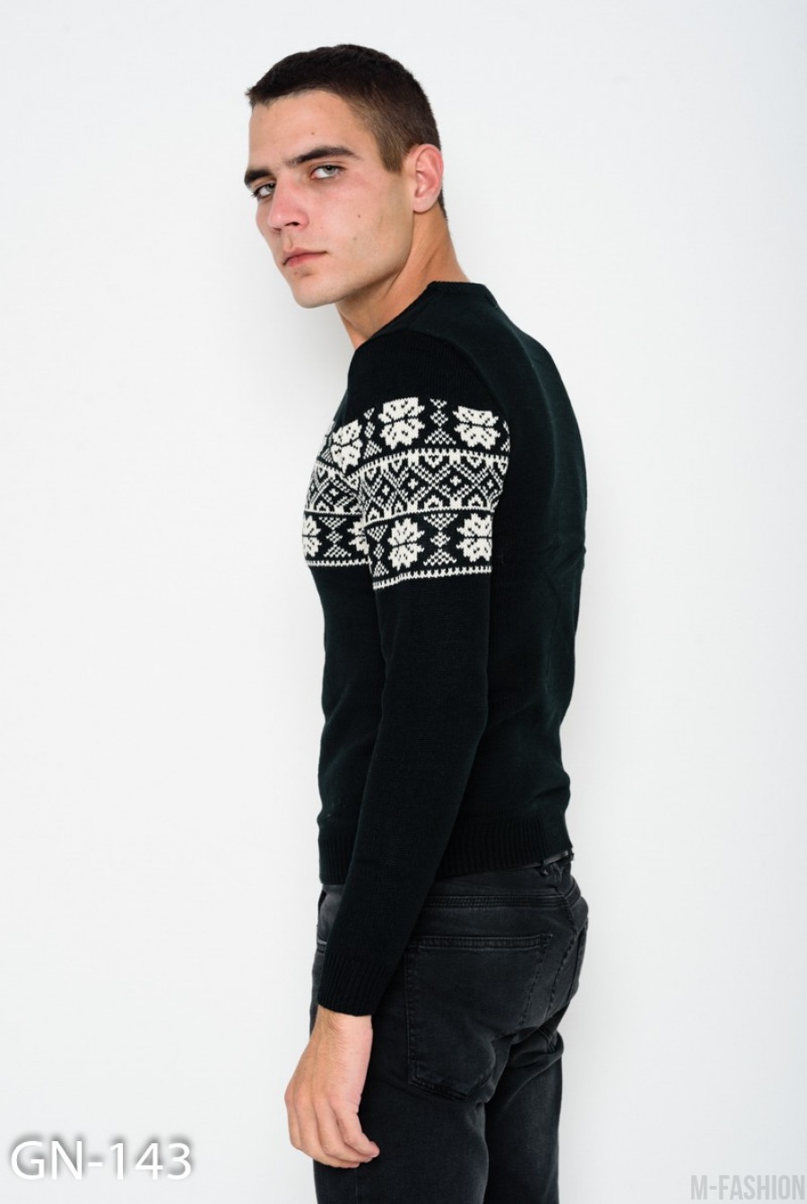 Черный шерстяной вязаный свитер с этническим узором- Фото 2