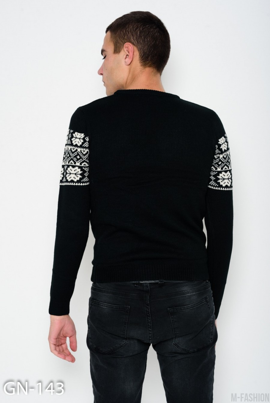 Черный шерстяной вязаный свитер с этническим узором- Фото 3