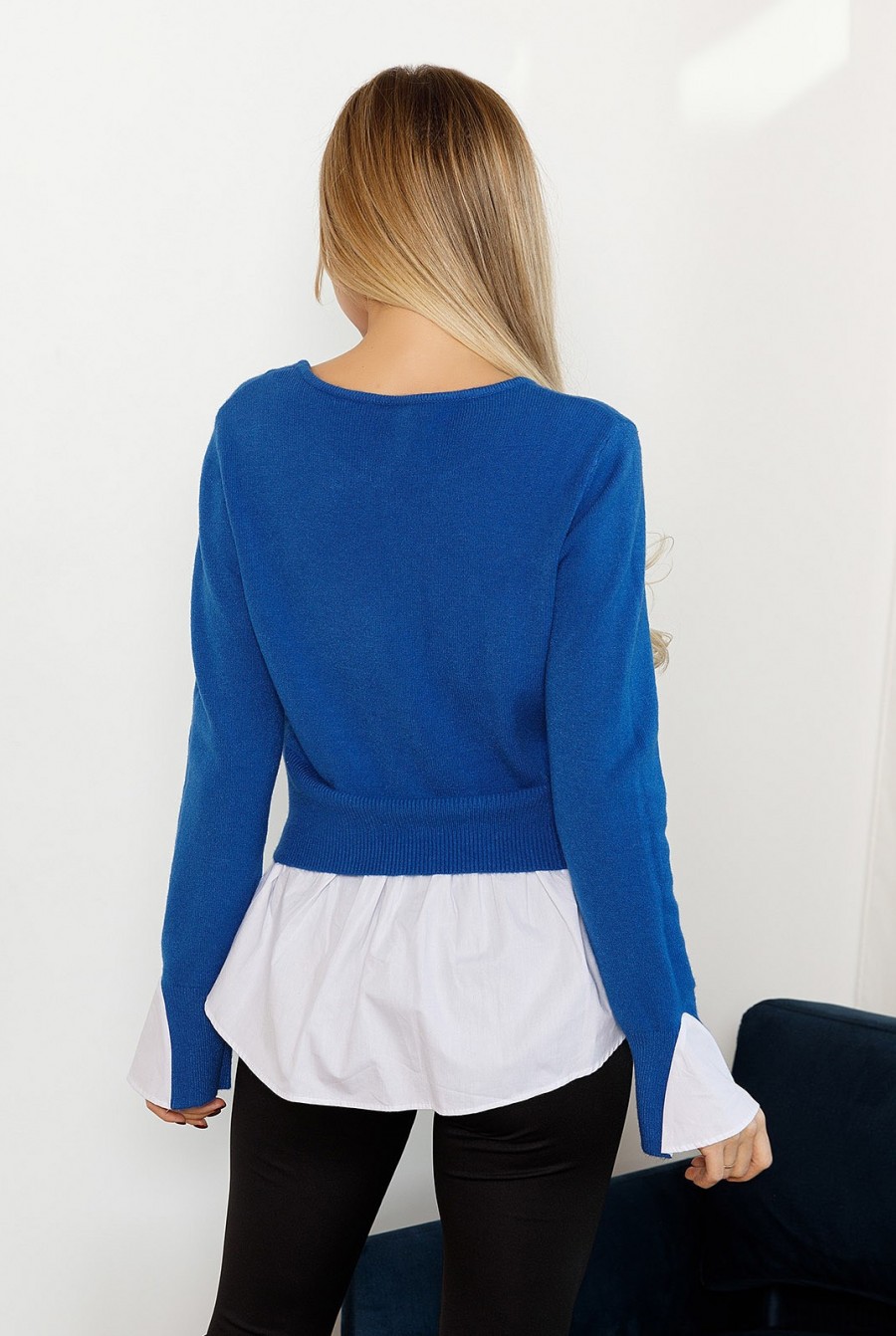 Синий ангоровый свитер с хлопковыми белыми вставками- Фото 3