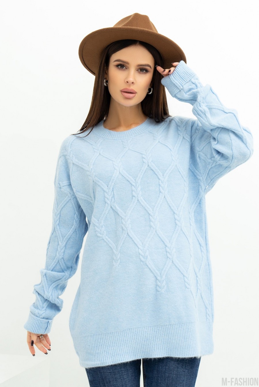 Голубой теплый свитер декорированный аранами - Фото 1