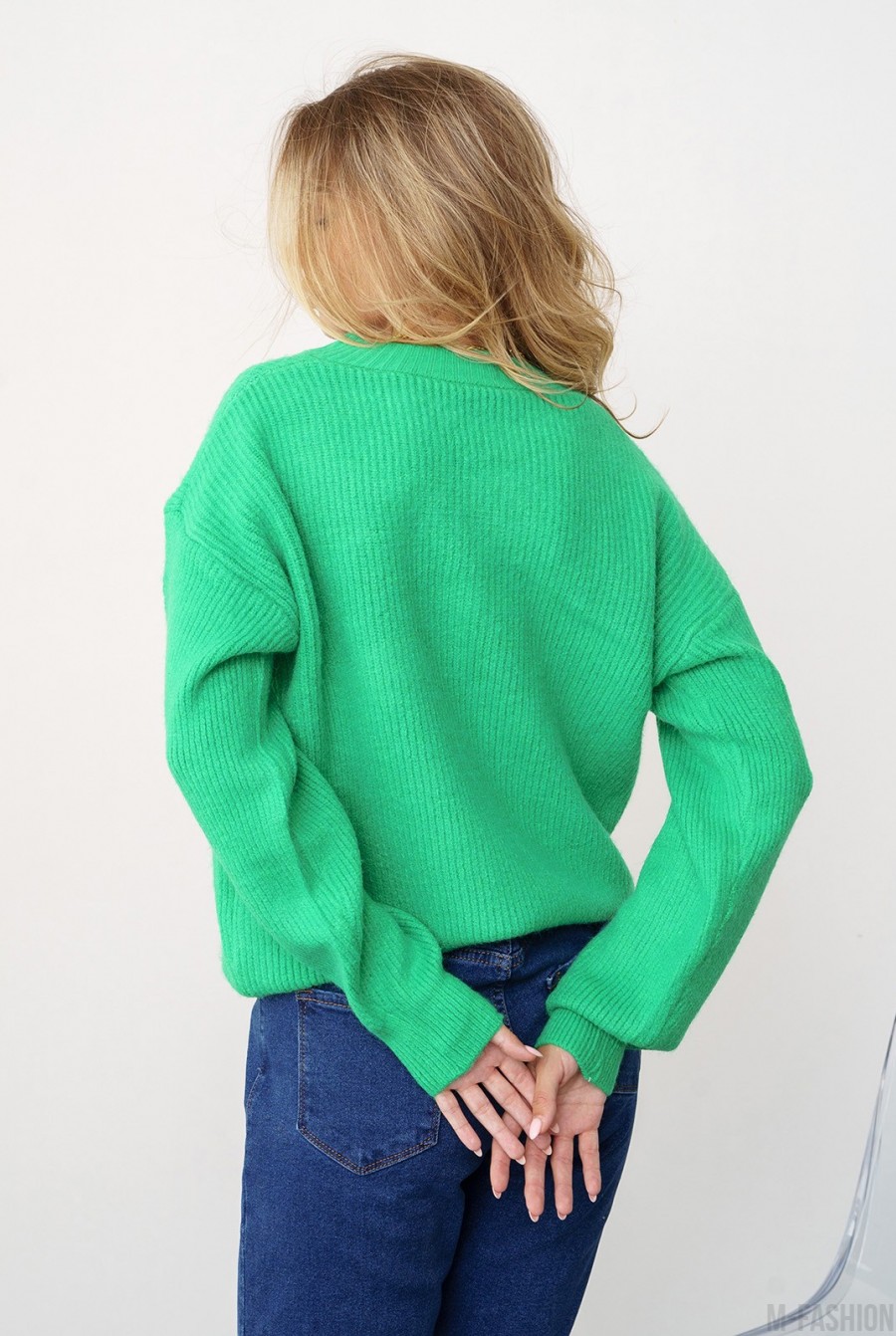 Зеленый шерстяной вязаный пуловер- Фото 3