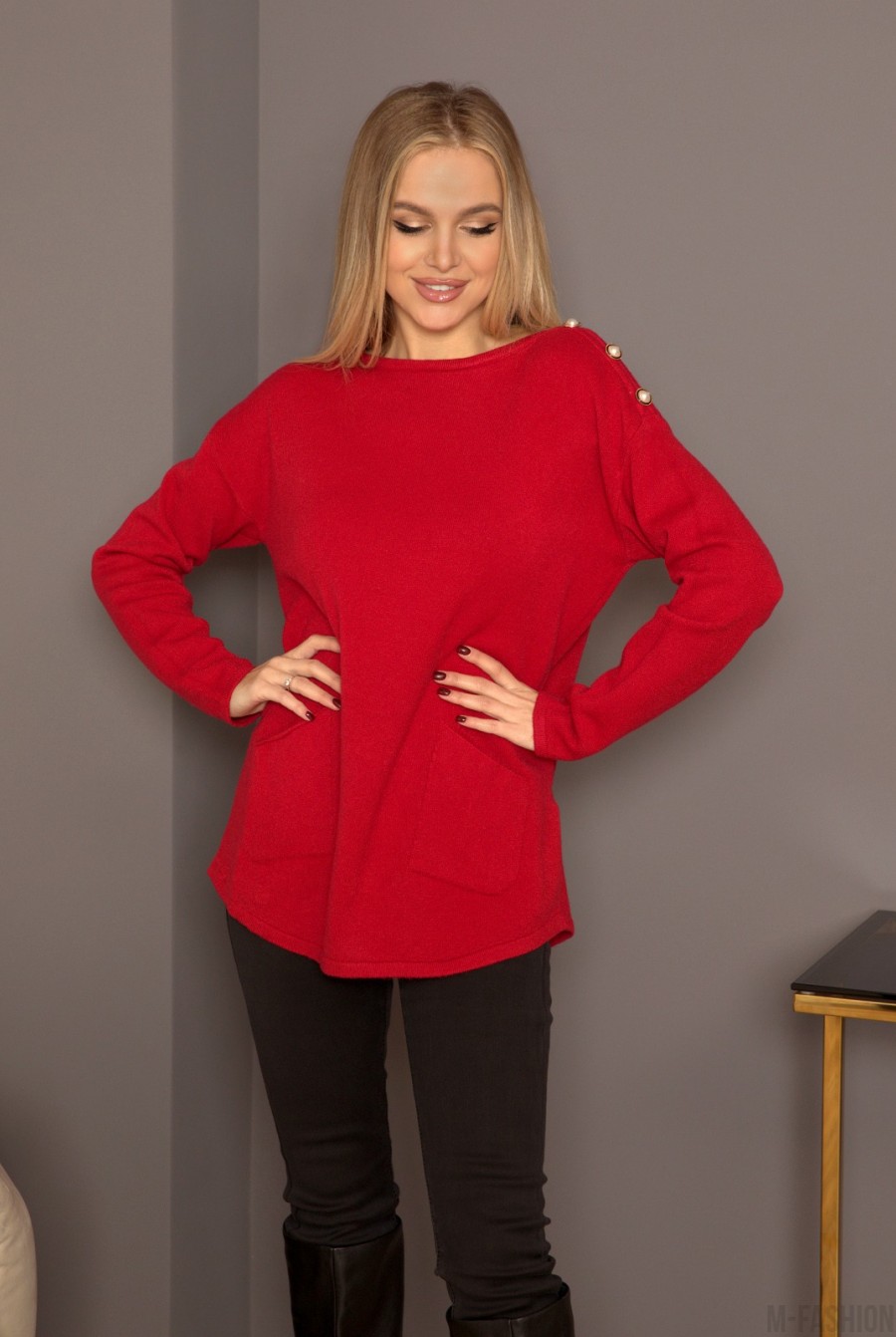 Бордовый ангоровый свитер с пуговицами на плечах - Фото 1