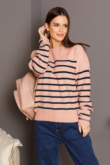Розово-синий вязаный полосатый свитер с люрексом