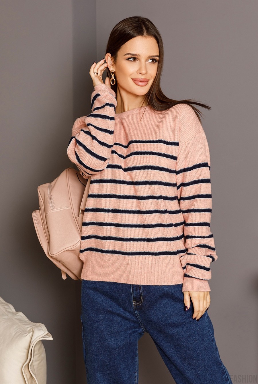 Розово-синий вязаный полосатый свитер с люрексом - Фото 1