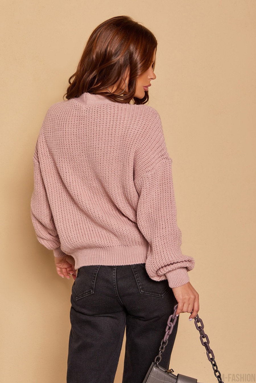 Розовый шерстяной свитер комбинированной вязки- Фото 3