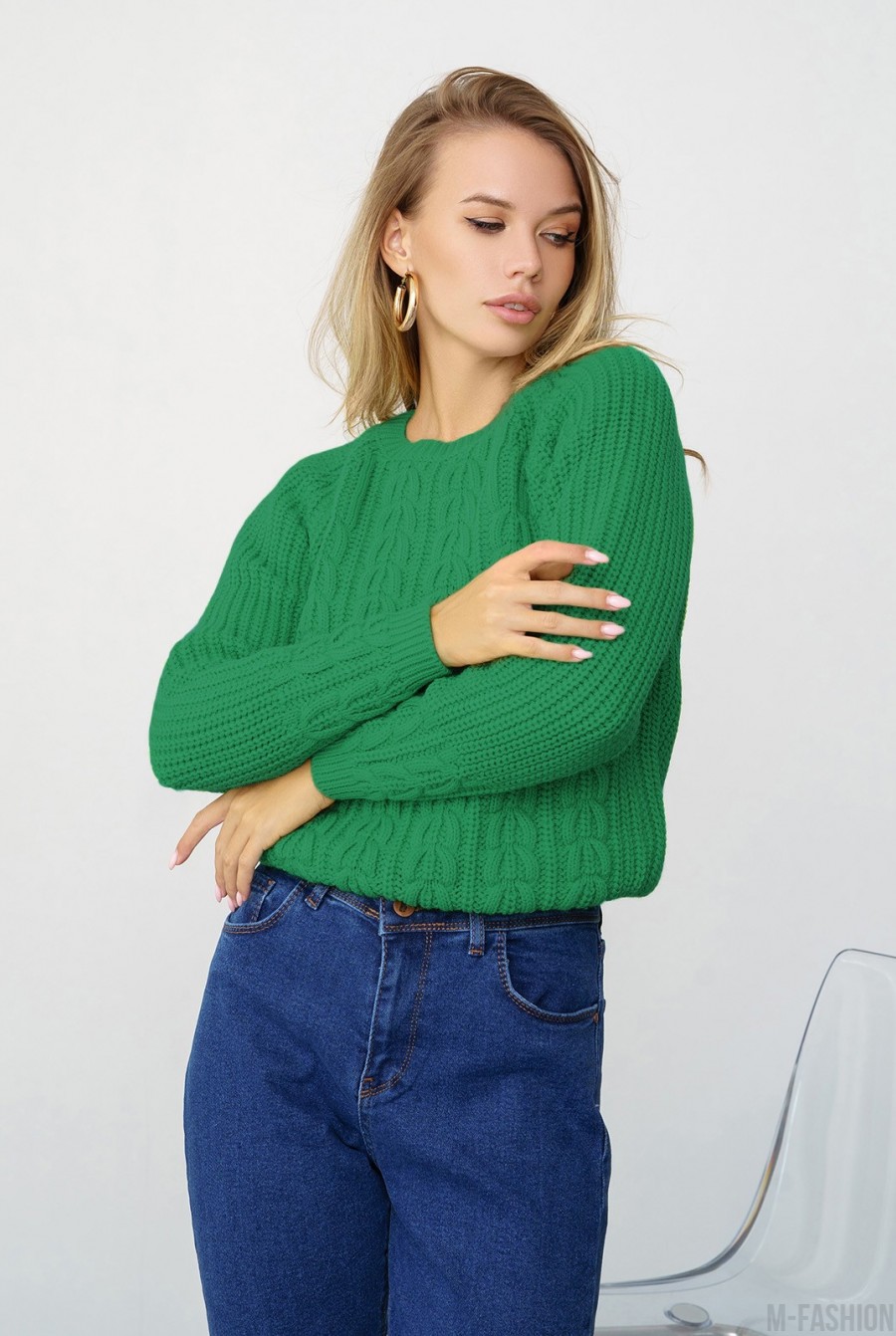 Зеленый вязаный свитер с аранами - Фото 1
