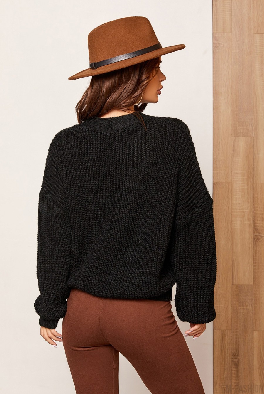 Черный шерстяной свитер комбинированной вязки- Фото 3