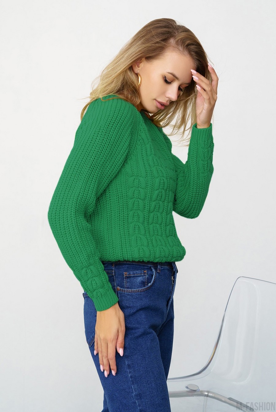 Зеленый вязаный свитер с аранами- Фото 2