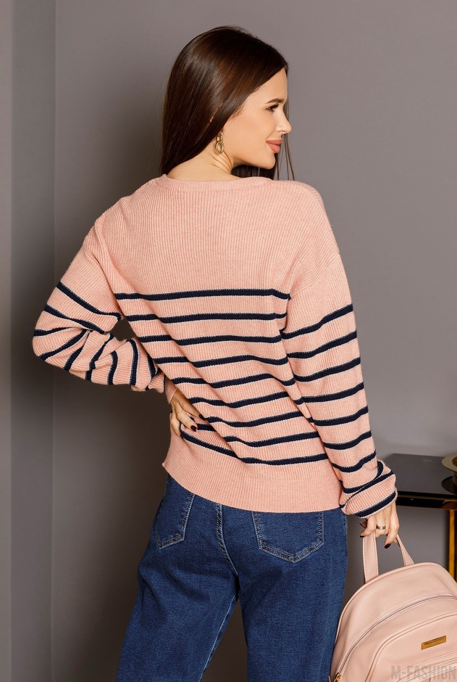 Розово-синий вязаный полосатый свитер с люрексом- Фото 3