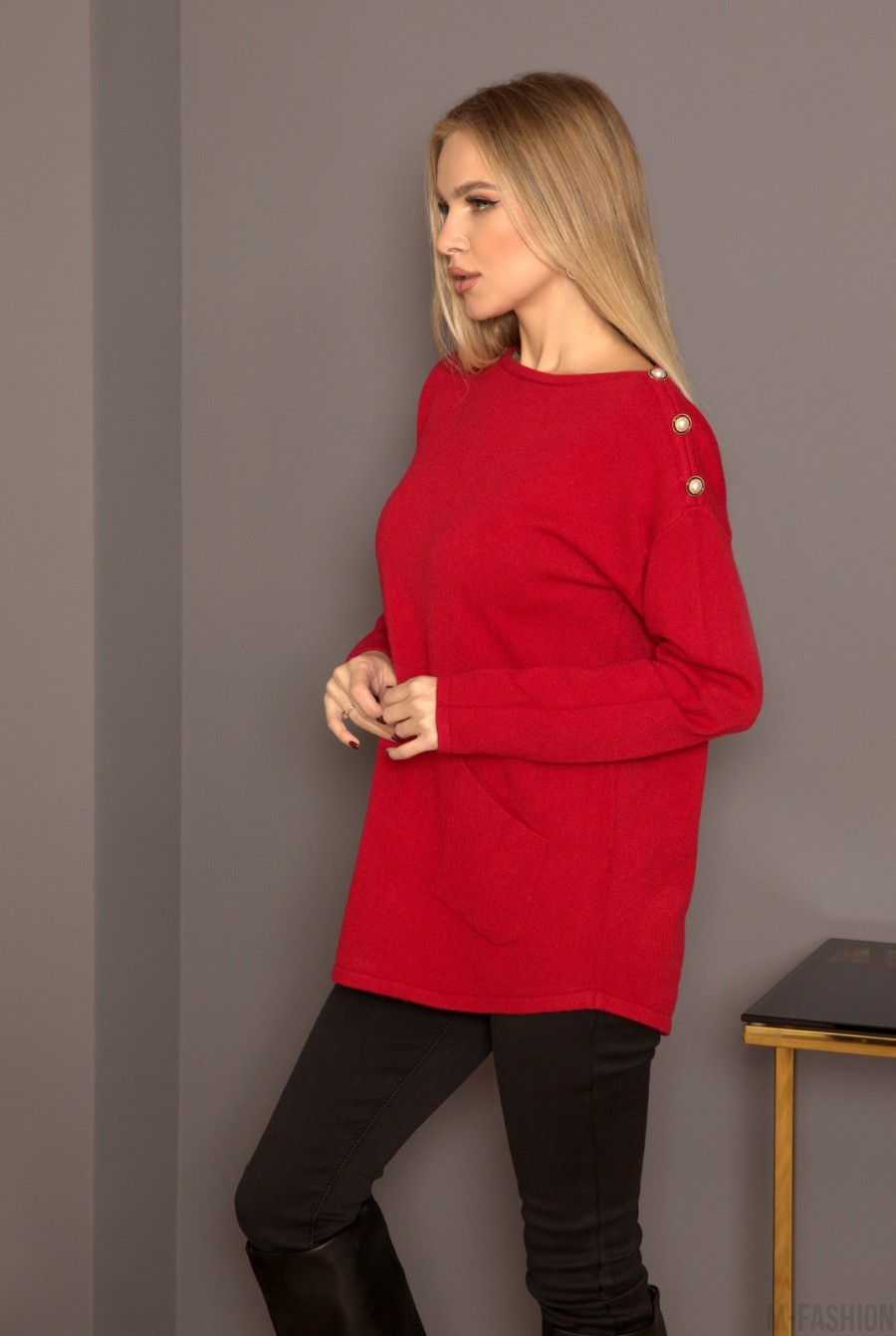 Бордовый ангоровый свитер с пуговицами на плечах- Фото 2