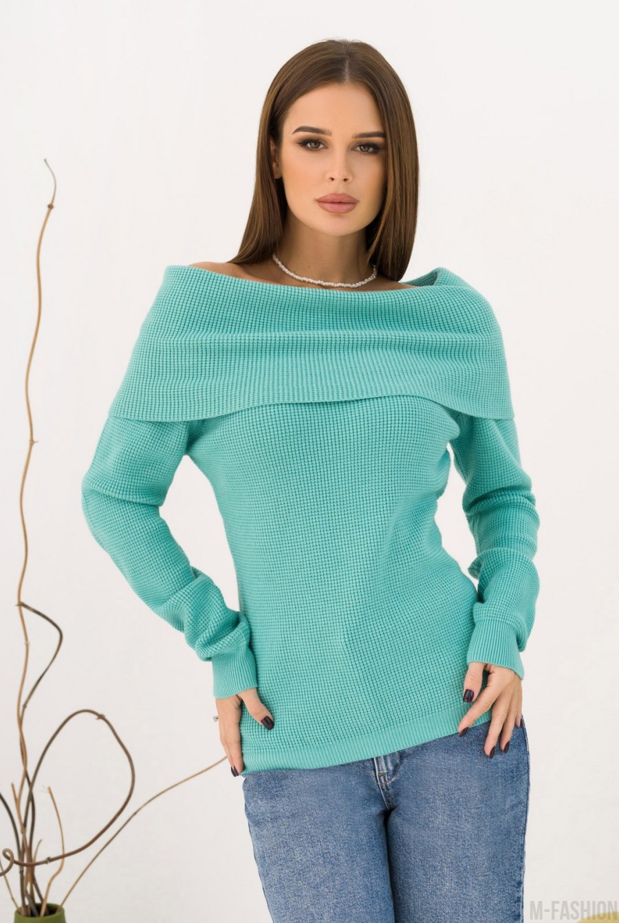 Бирюзовый ангоровый вязаный свитер с отворотом - Фото 1