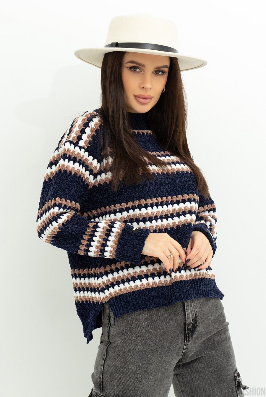 Синий мохеровый свитер с полосатым декором - Фото 1