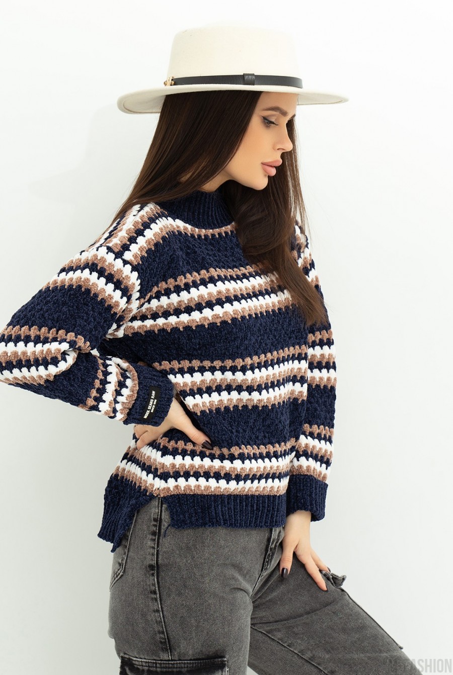 Синий мохеровый свитер с полосатым декором- Фото 2
