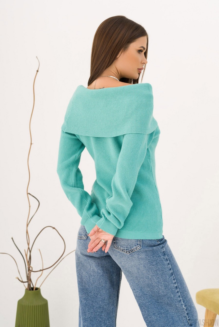 Бирюзовый ангоровый вязаный свитер с отворотом- Фото 3