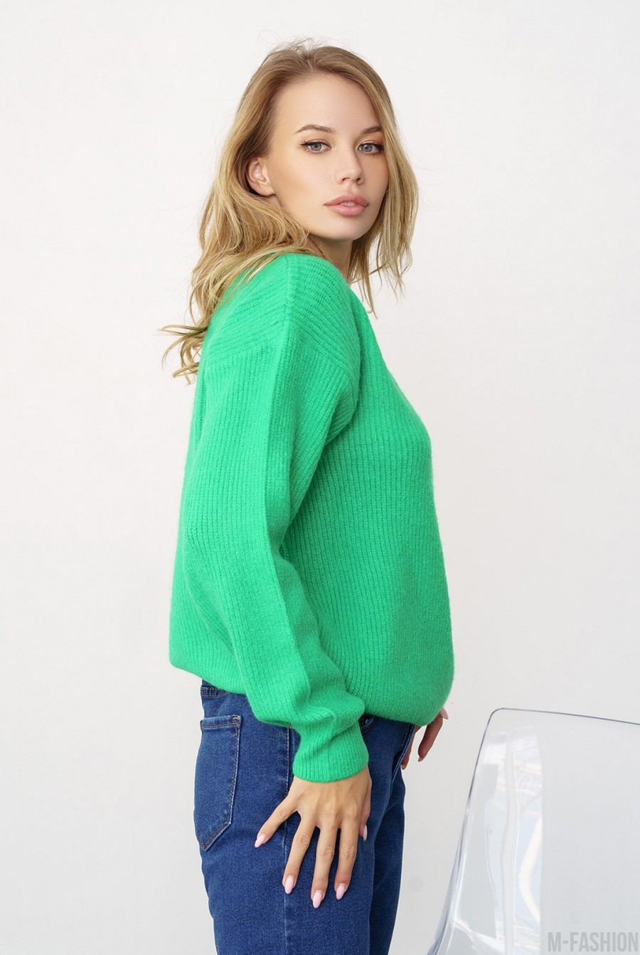 Зеленый шерстяной вязаный пуловер- Фото 2