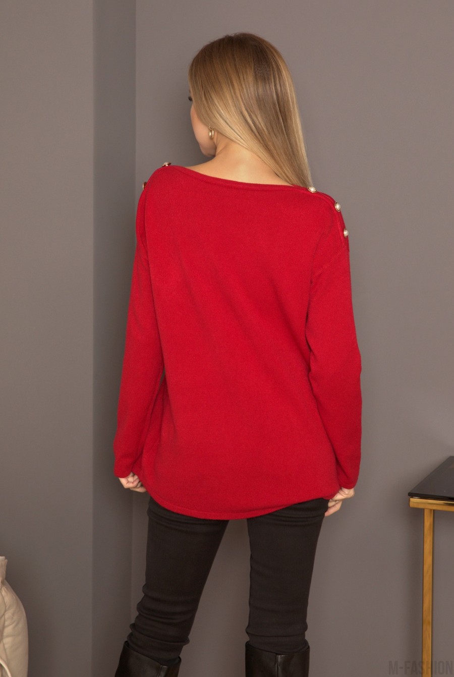 Бордовый ангоровый свитер с пуговицами на плечах- Фото 3