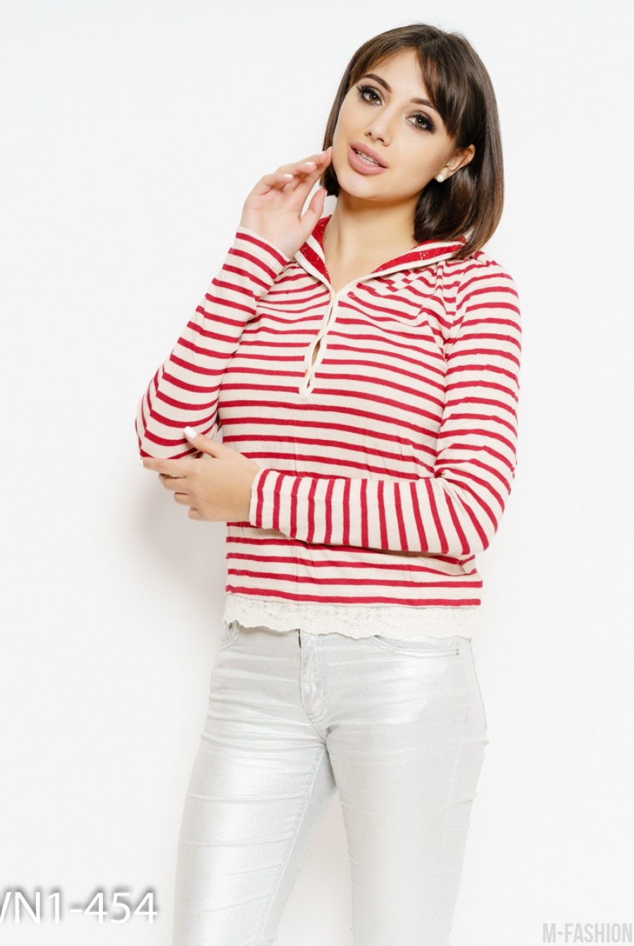 Бежево-красный полосатый свитер с кружевом - Фото 1