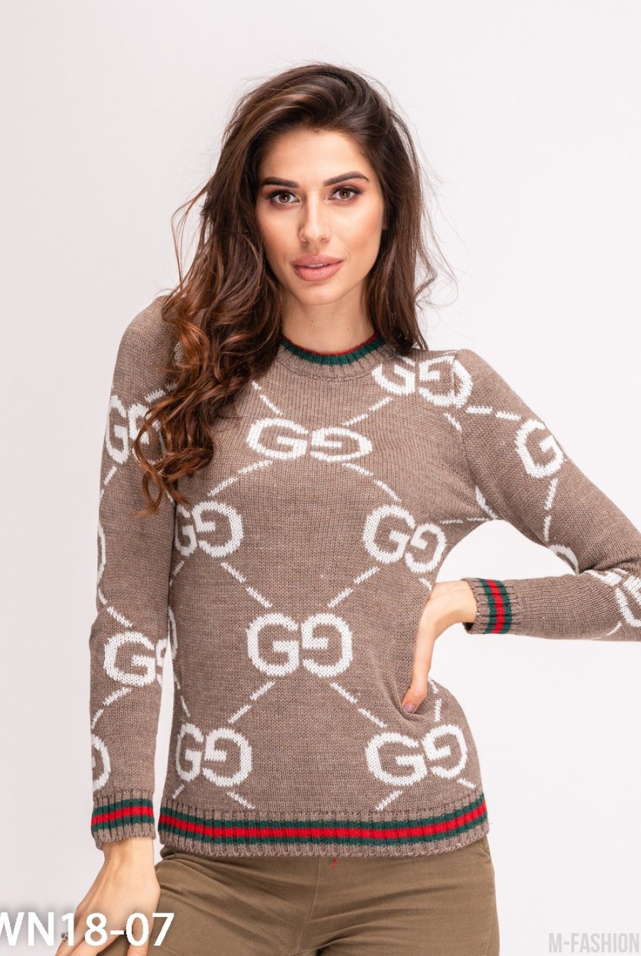 Коричневый шерстяной свитер с лого и цветными манжетами - Фото 1