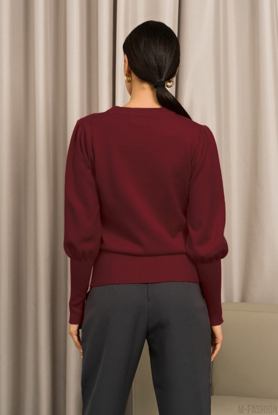 Бордовый шерстяной свитер с эластичными вставками- Фото 3