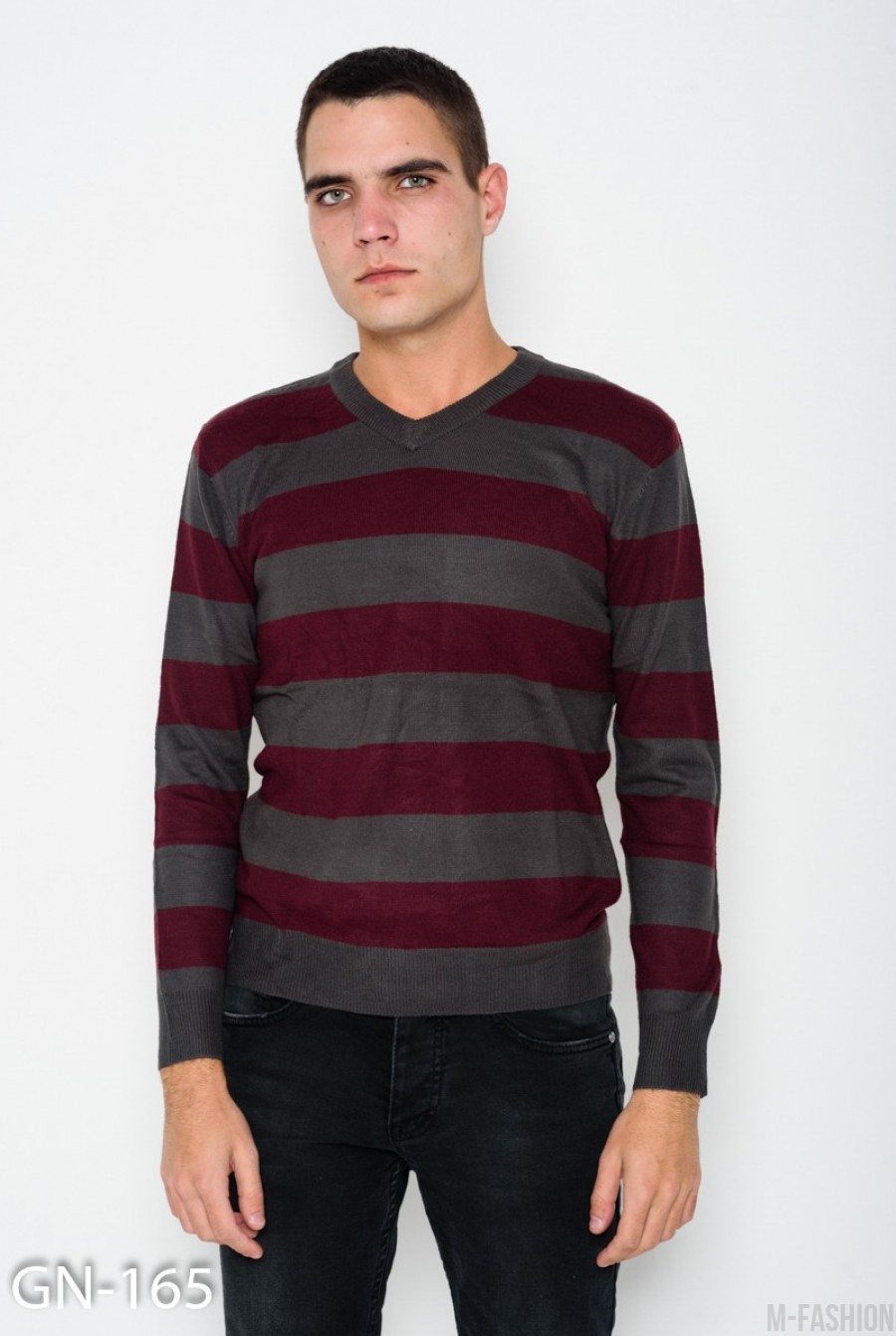 Ангоровый бордовый полосатый комфортный свитер с V-образной манжеткой на горловине - Фото 1