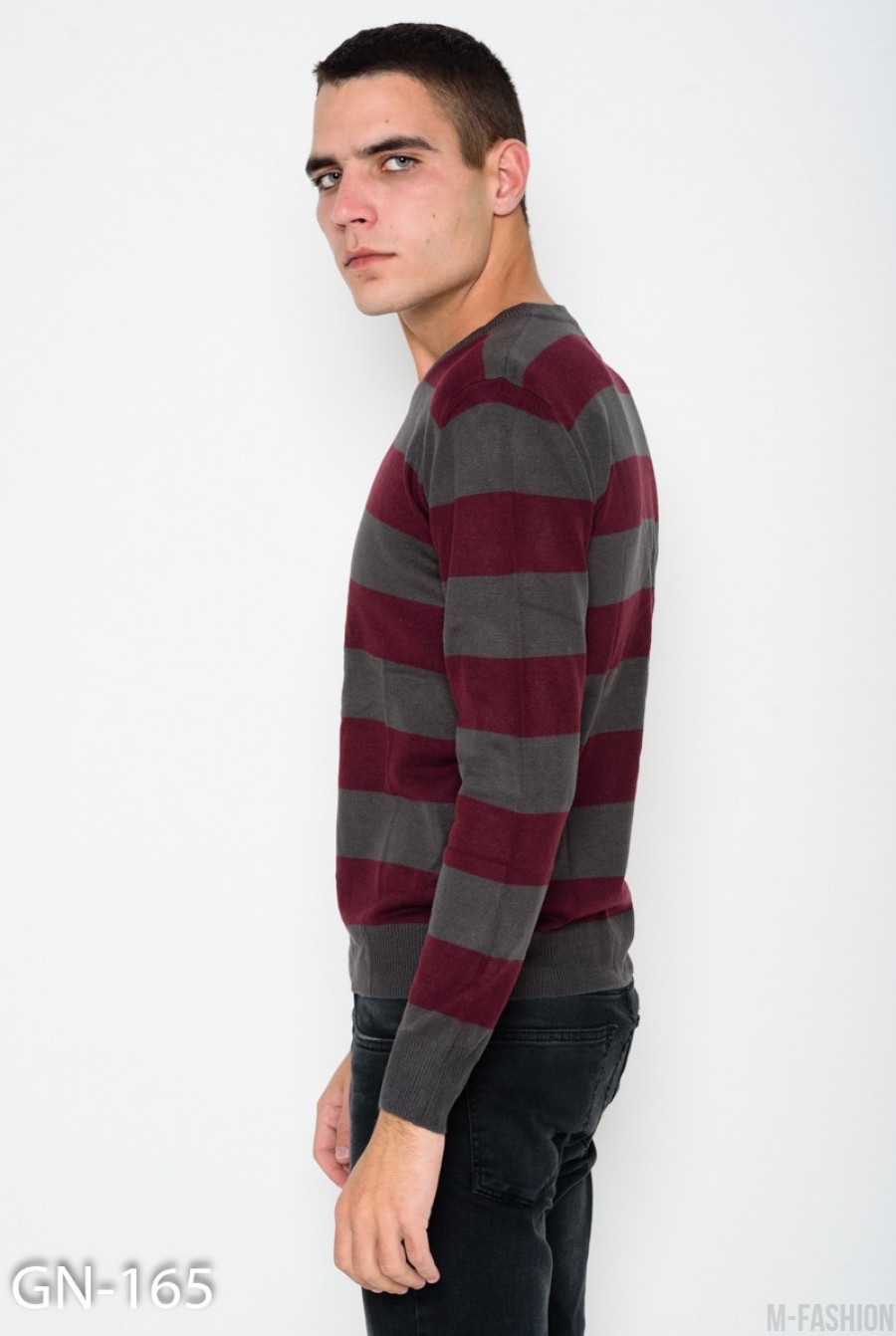 Ангоровый бордовый полосатый комфортный свитер с V-образной манжеткой на горловине- Фото 2