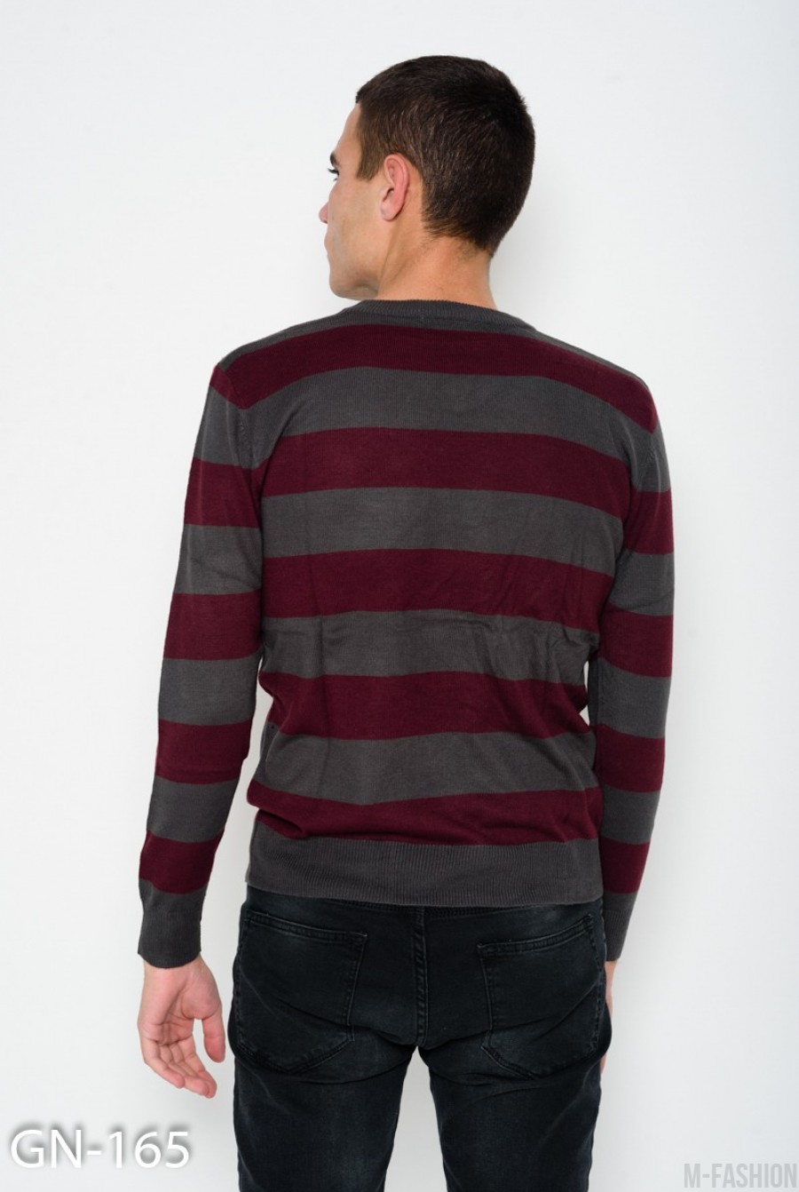 Ангоровый бордовый полосатый комфортный свитер с V-образной манжеткой на горловине- Фото 3