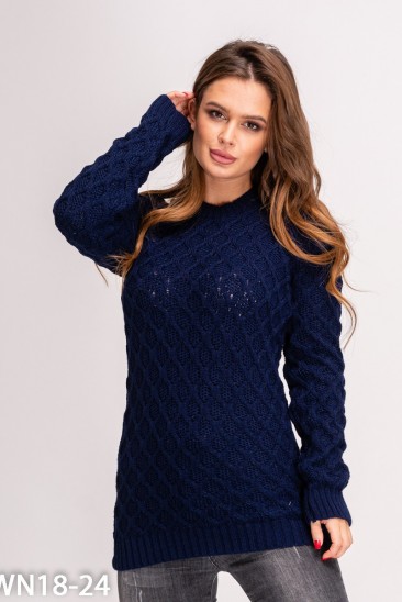 Темно-синий шерстяной удлиненный вязаный свитер
