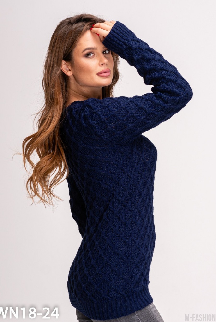 Темно-синий шерстяной удлиненный вязаный свитер- Фото 2