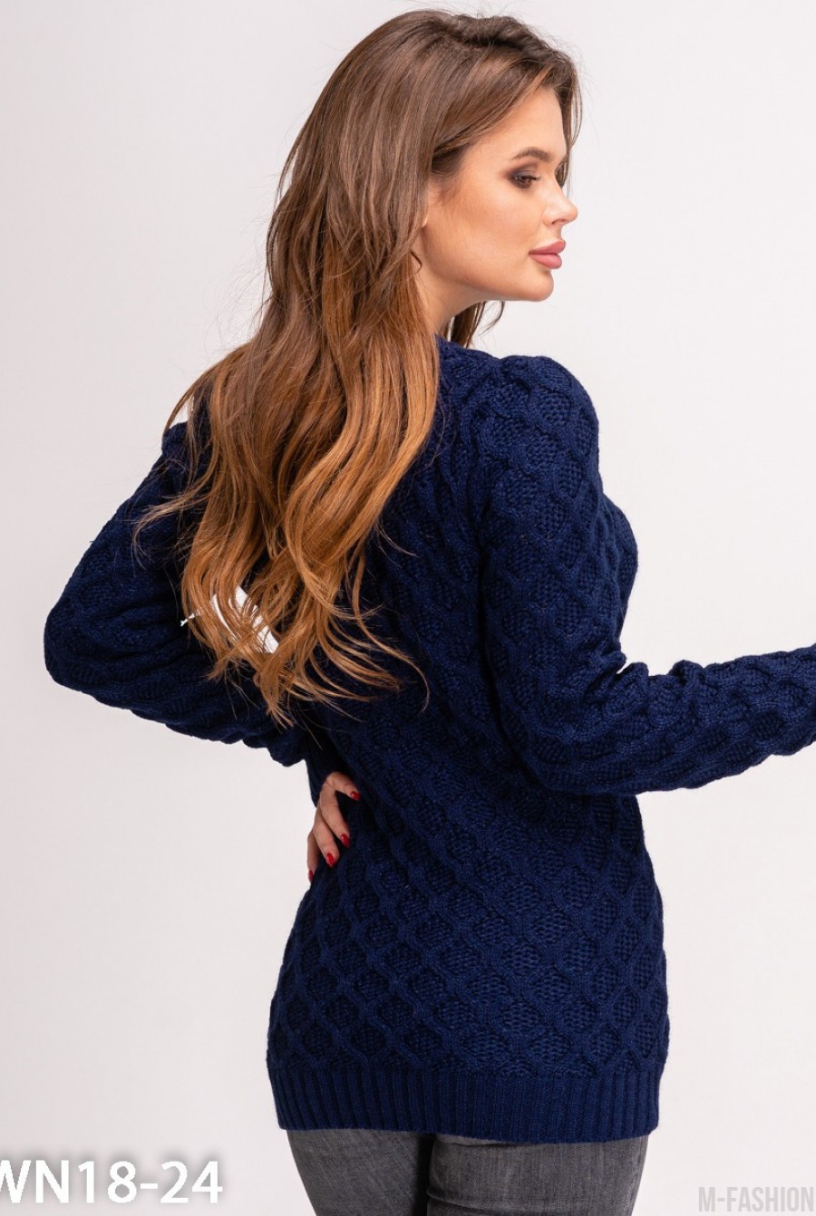 Темно-синий шерстяной удлиненный вязаный свитер- Фото 3