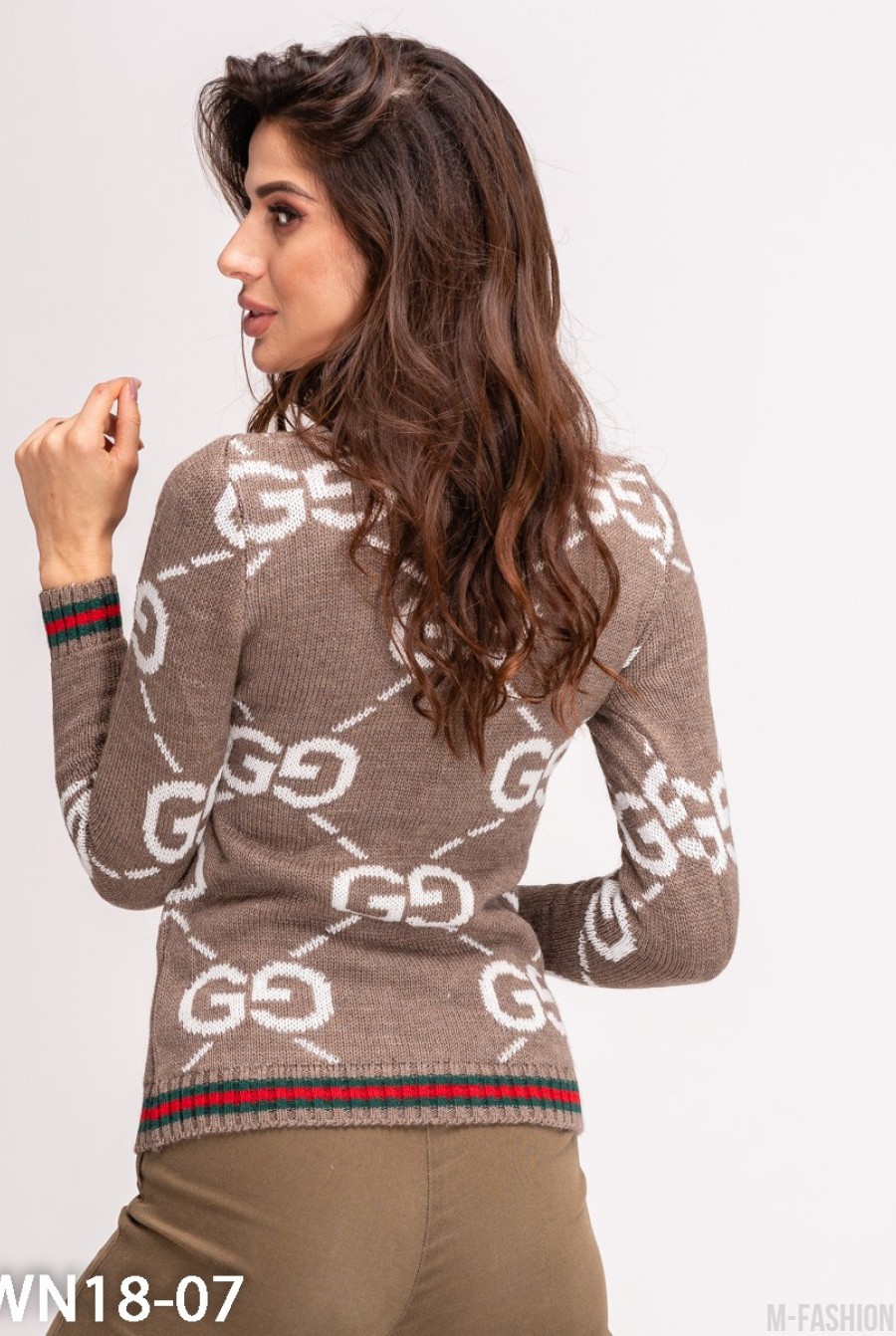Коричневый шерстяной свитер с лого и цветными манжетами- Фото 3