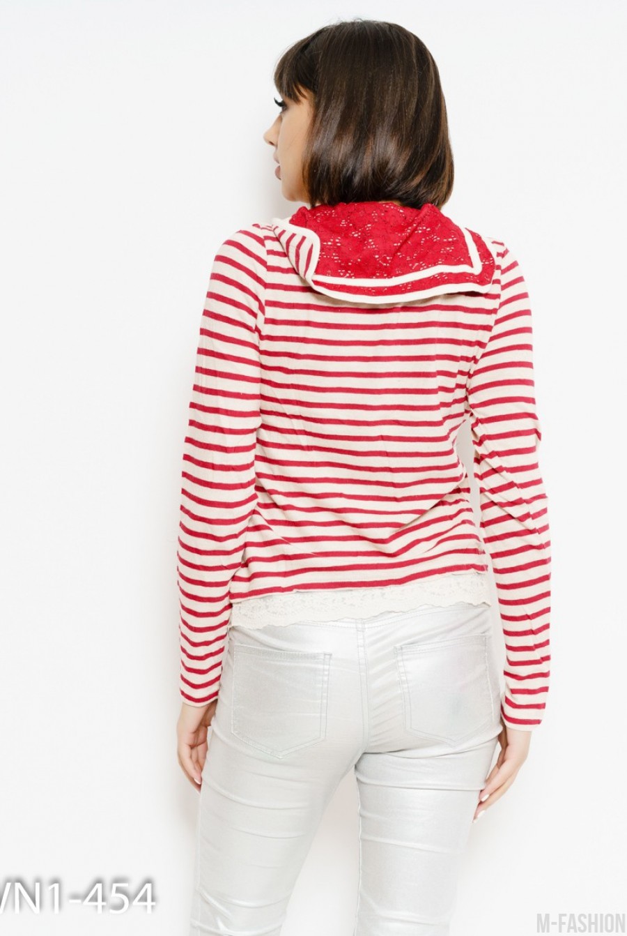 Бежево-красный полосатый свитер с кружевом- Фото 3